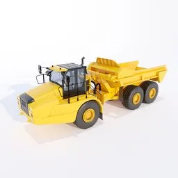 Detailed 3D model of yellow articulated dump truck for Blender, high-quality rendering.