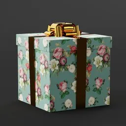 Floral-patterned 3D gift box model with gold ribbon, compatible with Blender for birthday celebration scenes.