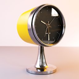 "Clock watch 3D model rendered in high-quality redshift with a yellow background and slight motion blur. A retro-stylized asset featuring a metal cadran, plastic, and glass components, perfect for Blender 3D designs and time travel-themed projects."