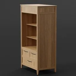 Detailed 3D model showcasing a standing oak cabinet with shelves and drawers rendered in Blender.
