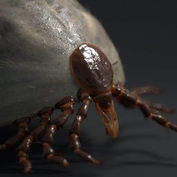 Detailed 3D tick model with inflated belly and rigged for animation, created in Blender, featuring baked displacement textures.