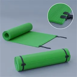 Green exercise mat 3D model with adjustable length for Blender rendering, includes rolled and unrolled variants.