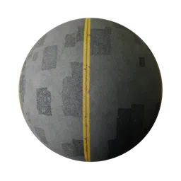 High-resolution PBR asphalt texture with realistic damage and yellow line, suitable for 3D modeling in Blender and other software.