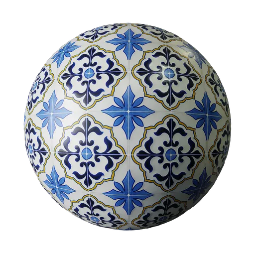 High-quality PBR material featuring intricate blue and white patterns, perfect for 3D modeling in Blender.