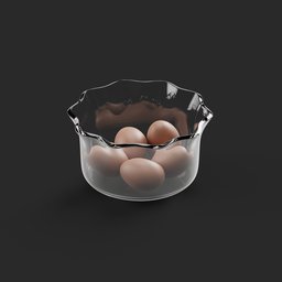 "High-quality 3D model of a food category item - a glass bowl filled with eggs, rendered in Blender 3D. The realistic depiction showcases bright white porcelain against a black background, taking inspiration from Méret Oppenheim and Gabriel Metsu. This detailed 8k render by Arvid Nyholm captures the surreal aesthetic with shattered walls and broken furniture, delivering an impressive visual experience."