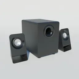 Detailed 3D speaker model showing a subwoofer and two satellite speakers with procedural textures, compatible with Blender.