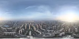 360-degree panorama of an urban cityscape at sunset with high dynamic range for realistic lighting in 3D scenes.