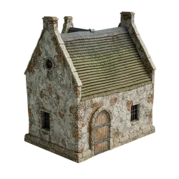 Detailed 3D model of a stone medieval house with a tiled roof, compatible with Blender for realistic scene building.