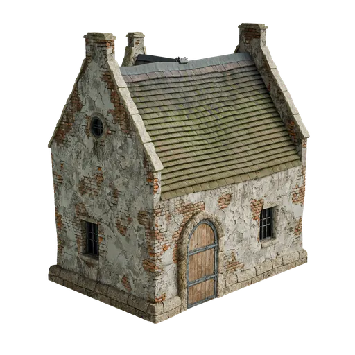 Detailed 3D model of a stone medieval house with a tiled roof, compatible with Blender for realistic scene building.
