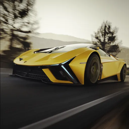 High-resolution yellow concept sports car 3D model in dynamic pose, ideal for Blender rendering and animation.