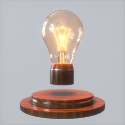 3D rendered levitating light bulb with wooden base, ideal for Blender 3D design projects.