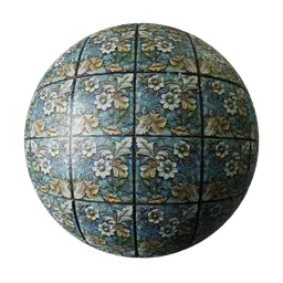 Vintage Mediterranean floral tile texture for PBR material in Blender 3D with displacement channel.