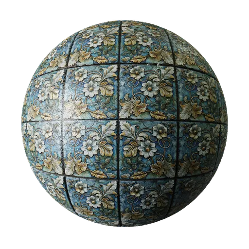 Vintage Mediterranean floral tile texture for PBR material in Blender 3D with displacement channel.