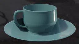 Realistic ceramic cup and saucer 3D model crafted in Blender, ideal for kitchenware designs.
