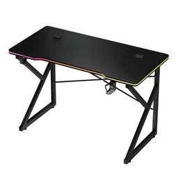 3D rendered gaming desk with ambient RGB lighting, carbon-finish surface, and accessories for gamers.