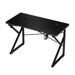 3D rendered gaming desk with ambient RGB lighting, carbon-finish surface, and accessories for gamers.