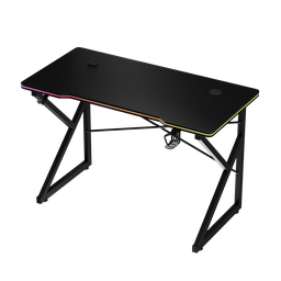 3D rendered gaming desk with ambient RGB lighting, carbon-finish surface, and accessories for gamers.