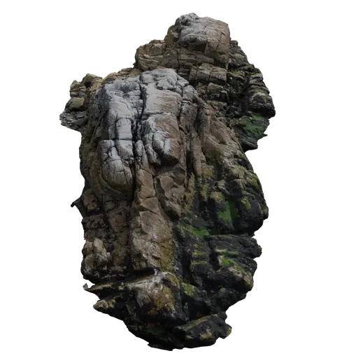 Detailed 3D model of a rugged, moss-covered coastal rock formation for Blender rendering and virtual scenery.