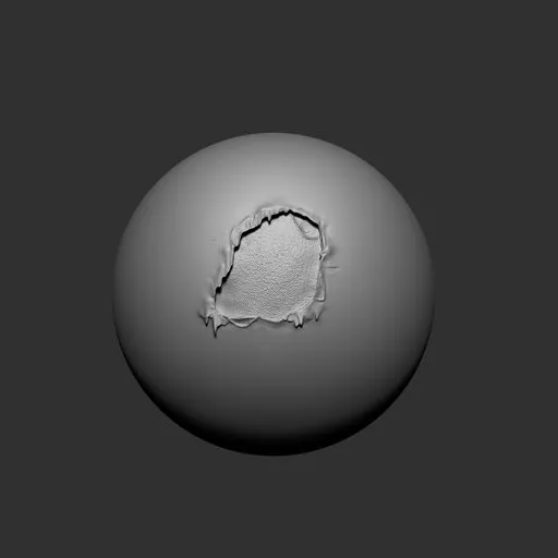 3D sculpting brush effect showing large torn hole detail on fabric surface, Blender compatible.