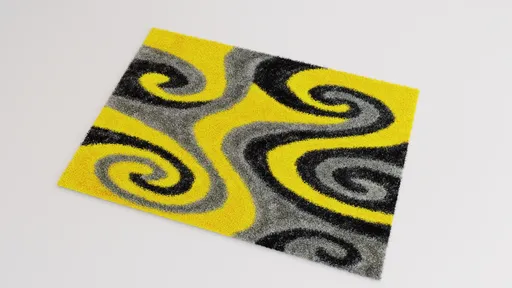 Highly detailed 3D modeled carpet with yellow and gray swirl patterns created in Blender 3.6.4 suitable for interior renderings.