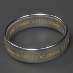 Detailed 3D silver ring with golden inscriptions, designed for character enhancement, compatible with Blender 3D.