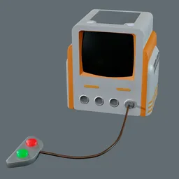 "3D model of a Gameboy inspired by Rick and Morty, created using Blender 3D software. Features monochrome design, orange and white color scheme, and elements such as cutie marks, petscop, and contrast icon."