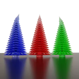 Three colorful glass Christmas tree models with reflections, compatible with Blender 3D software.