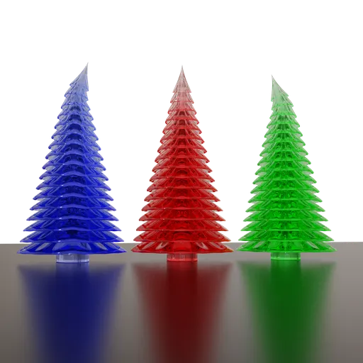 Three colorful glass Christmas tree models with reflections, compatible with Blender 3D software.