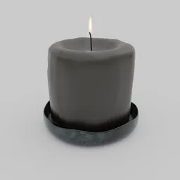 Realistic 3D model of a lit black candle in a textured bowl, designed for Blender decoration asset.