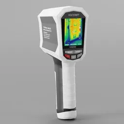 "Handheld Thermal Camera - 3D Model for Blender 3D: A detailed close-up of a thermal camera with a metal body, ideal for photography and visualization projects. This high-quality model features a gray background, realistic product rendering, and an accurate representation of a thermal imaging device. Explore this versatile Blender 3D model for your creative and design needs."