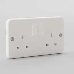 "Double UK power plug socket 3D model with white plastic surround for Blender 3D. Household appliance in a simple and clean flat design. Created in 2019 inspired by Charles Mozley and George Stubbs."