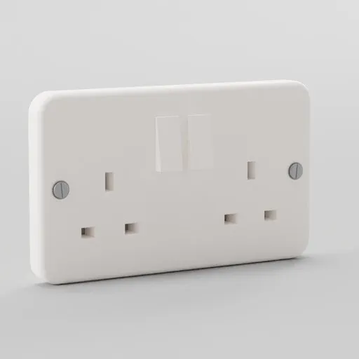 3D rendered UK double power plug socket model for Blender 3D artists in white with realistic shadows.