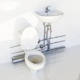 Toilet with washbasin and pipes