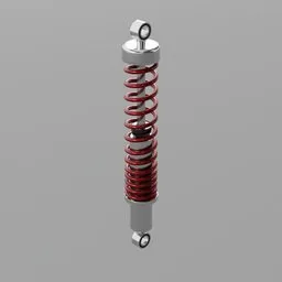 "Rigged shock absorber with red spring - ideal for machinery and vehicles. This 3D model in Blender 3D software features a close-up view of a red and silver coil on a gray background, providing a vibrant representation of a complex contraption. Inspired by Stanislav Zhukovsky, this depiction showcases a versatile solution for managing springtime vibrations and enhancing performance."