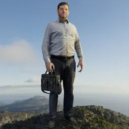 3D model of a businessman in casual attire holding a briefcase, ideal for Blender architectural visualizations.