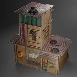 "Resilient Roots: 3D model of slum houses made from scrap metal, wood, and corrugated iron, designed in Blender 3D. Perfect for urban scenery in video game and item art design. Texture includes rough paper and rusty metal towers."