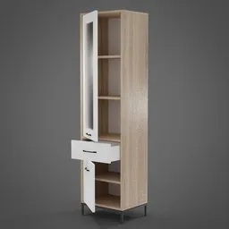 "Modern standing bookcase with glass door and metal legs. Includes 1 drawer and 1 door section. Designed in Blender 3D."