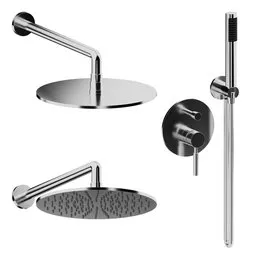 "VADO's IND-ORI30BG Shower Set in 3D model for Blender 3D featuring a close-up of a high-end shower head and faucet. Detailed and realistic physical render with three views and an award-winning style. Perfect for bathroom furniture and faucet designs."