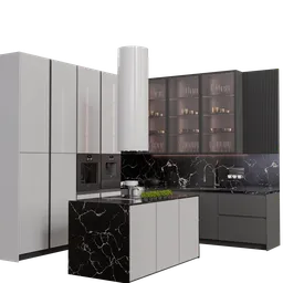 Modern 3D kitchen model featuring marble countertops, cabinets, and appliances, designed in Blender 3.6, available in .blend format.