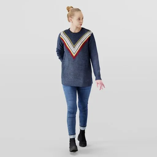 High-quality Blender 3D model of a young woman with a stylish bun and casual attire, perfect for cityscape scenes.