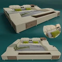 "Highly detailed dream bed 3D model for BlenderKit featuring a built-in couch, TV frame, and massage seat. Made with high-quality leather and wood materials, this realistically designed bed is perfect for any interior design project. Created using Blender 3D software."
