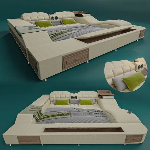 Luxurious 3D-rendered leather bed with massage function and wooden details, designed for Blender 3D visualization.
