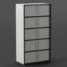 3D model of a tall, white and natural wood textured wardrobe with multiple compartments for Blender rendering.