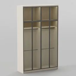 "Glass door wardrobe in white and grey, ideal for modern interiors, designed in Blender 3D. This 3D model features solidworks construction, wooden banks, and a sleek, expensive design with three dimensions and three doors. Perfect for showcasing as a display item."
