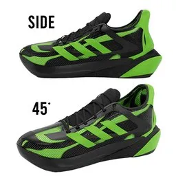 "Realistic 3D model of Adidas running shoes with green and black pattern for Blender 3D software. Highly-detailed athletic build and intricate design featuring spider legs and dip-switch. Perfect for sports and fitness-related projects."