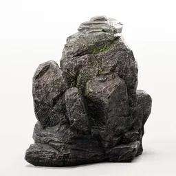 Dark mossy low-poly 3D cliff rock model with 2K PBR textures, optimized for Blender and game development.