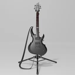 "ESP E-II FRX 3D model with tripod stand and guitar strap, modeled in Blender 3D. Featuring a dark grey finish and gothic character design, this guitar offers scorching sound and sublime playability. A product display photograph by Baiōken Eishun with unparalleled quality."