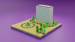 Lowpoly 3D model of a commercial building with exterior lighting, surrounded by trees and a helipad, designed for Blender.