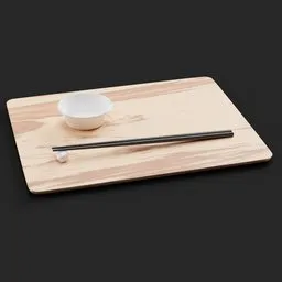 "3D model of a Japanesse Tea Tray in minimalist style, featuring a chopping board, chopsticks, and bowl. Created with Blender 3D in 2019 and trending on CGTalk. Visually striking and perfect for use in tabletop or kitchen-themed projects."