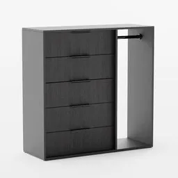 Alt text: "Nordmela wardrobe 3D model with black and white design and steel gray body, based on Ikea Latvia's instructions. Designed with expensive Bauhaus style by Yotobi and Zumii, suitable for walkable spaces. Full body render with open door and face shown."
Keywords: Nordmela, wardrobe, 3D model, Blender 3D, black and white design, steel gray, Ikea Latvia, Bauhaus style, Yotobi, Zumii, walkable, full body render, open door, face shown.
